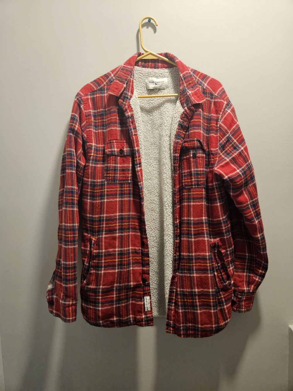 Modern Amusement Cream Sherpa Jacket with Red Plaid Trim